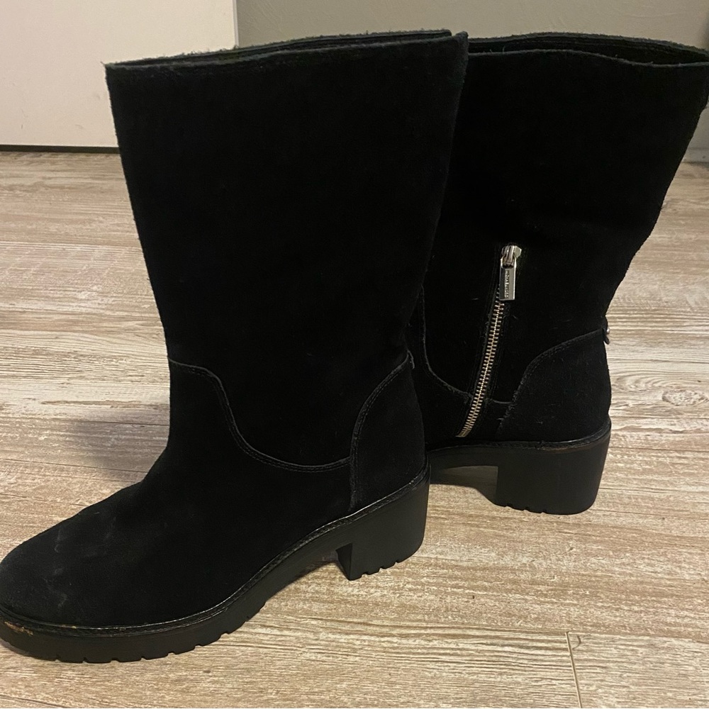 Michael Kors black suede moto boots lug heel 8 - Picture 2 of 8